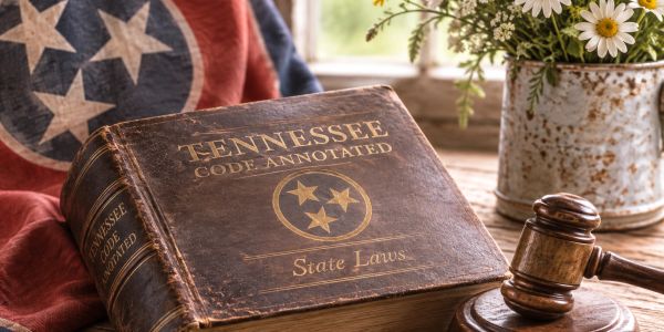 Tennessee State Law book and gavel on wooden table.