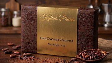 A 1 kg bar of dark chocolate compound with embossed leaf design and cocoa beans.