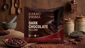 Package of Kakao Prima dark chocolate filling on a rustic wooden table.