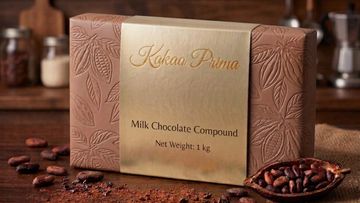 Elegant 1 kg milk chocolate compound package with embossed cocoa design.