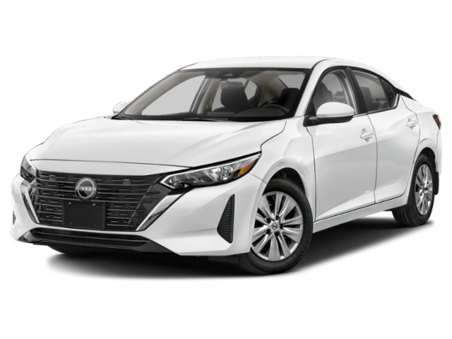 White Nissan sedan with modern design and sleek headlights.