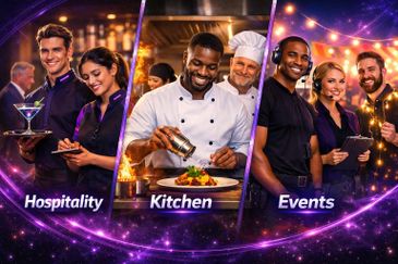 Three vibrant scenes showcasing hospitality, kitchen work, and event management professionals.