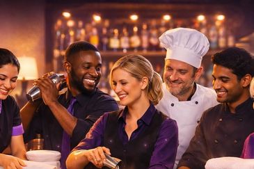 Happy restaurant staff enjoying their time together behind the bar.