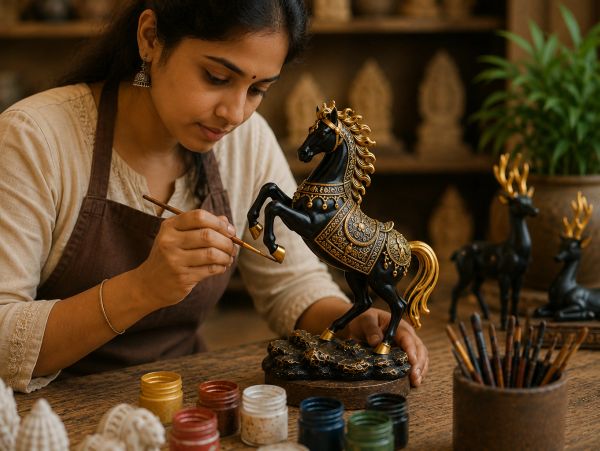 Woman painting a decorative horse statue.