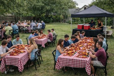 Outdoor gathering with people enjoying a lobster feast at picnic tables.