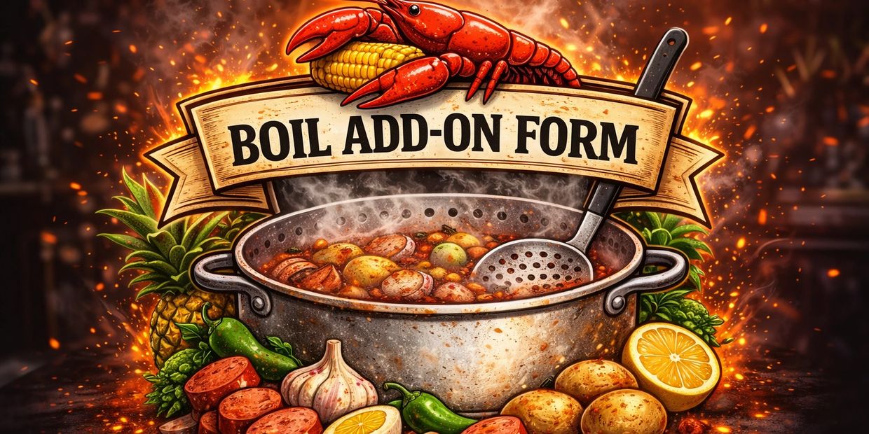 A vibrant boil add-on form graphic with seafood and vegetables.