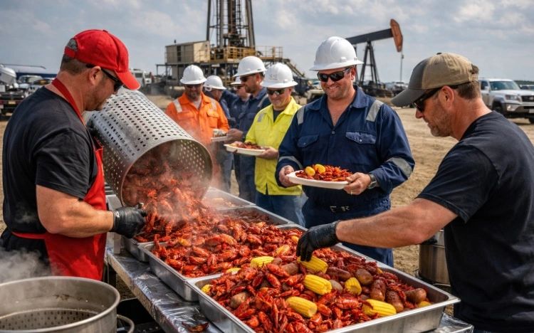 Workers in safety gear enjoy a crawfish boil outdoors at an industrial site.