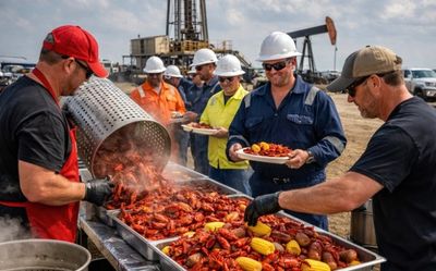 Workers enjoy a crawfish boil outdoors at an oil field.