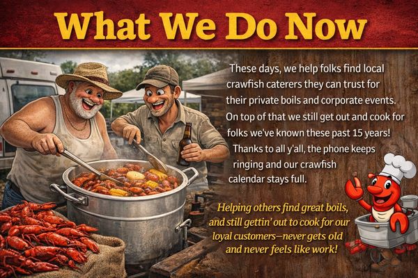 Two men cooking crawfish in a large pot, promoting local crawfish catering services.