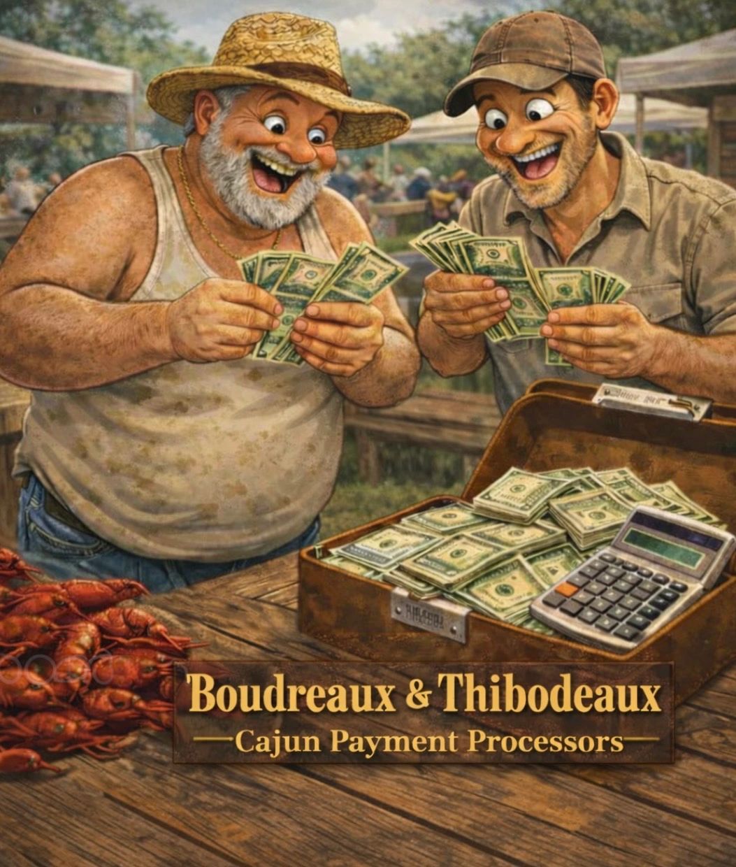 Two cheerful Cajun men counting money at a wooden table with crawfish and a suitcase full of cash.
