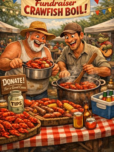 Two men joyfully serving crawfish at a fundraiser.