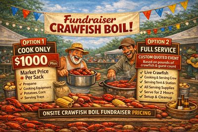 Colorful fundraiser crawfish boil sign with two pricing options and cheerful chefs.