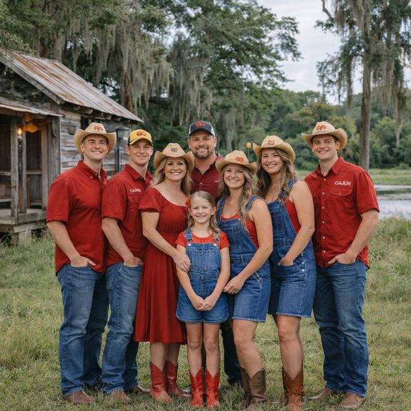 A happy family in coordinated outfits posing outdoors near a rustic cabin.
