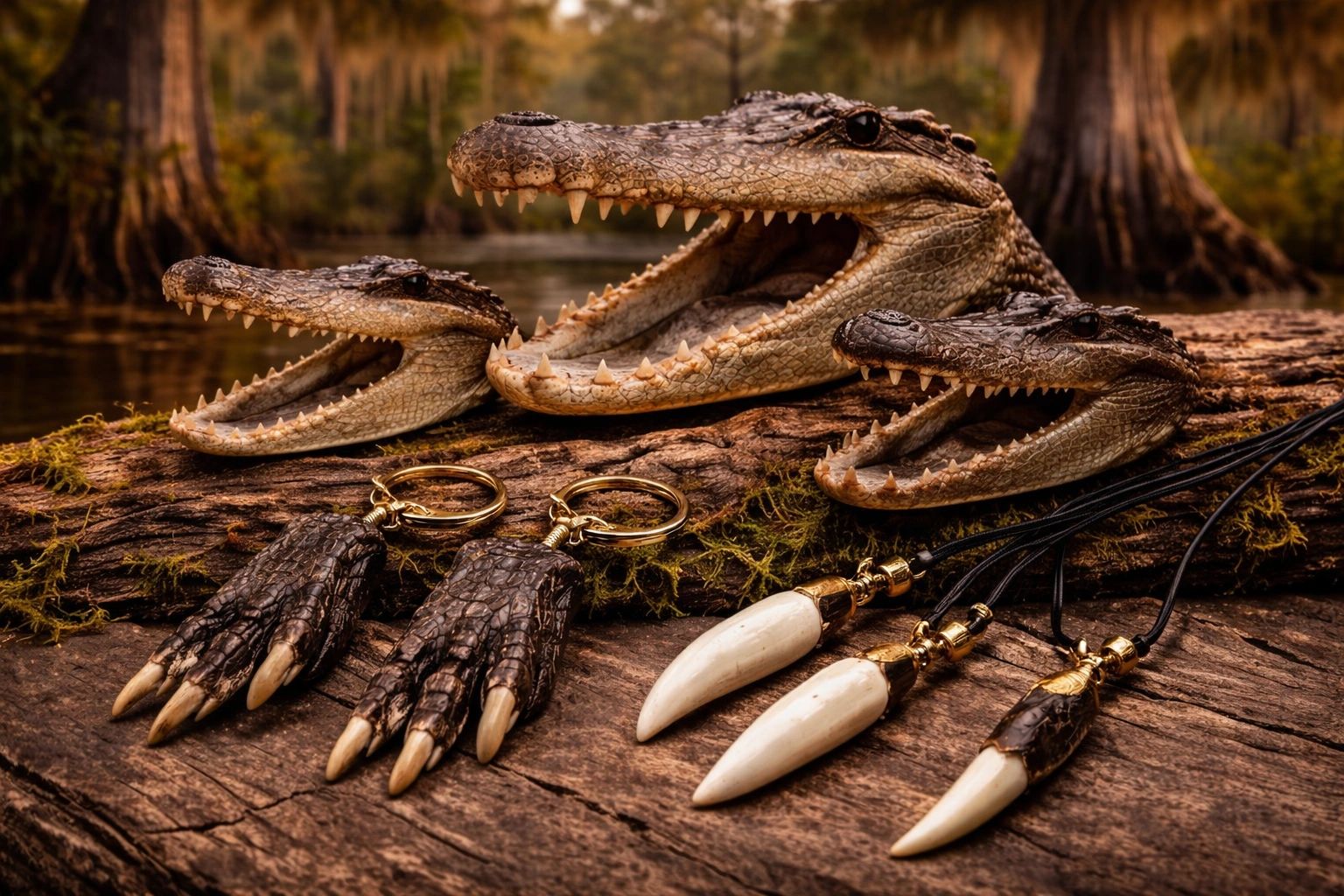 Alligator heads and claws with jewelry displayed on a log.