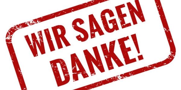 Stamp-style text saying 'WIR SAGEN DANKE!' in red.