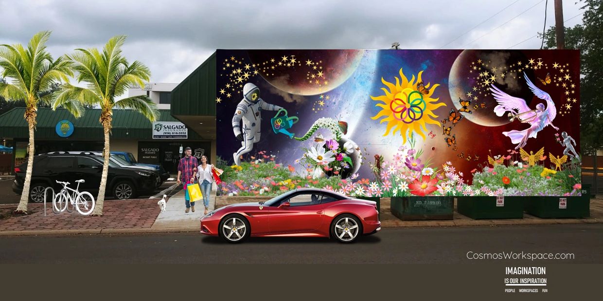Vibrant mural with space and nature theme on urban street, red sports car, couple walking dog nearby.