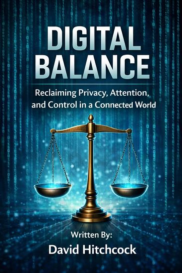 Book cover titled 'Digital Balance' by David Hitchcock with a scale symbolizing balance in a digital world.