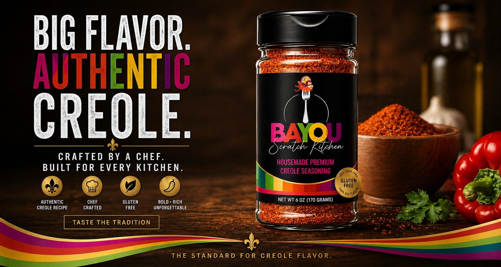 Bayou Scratch Kitchen Creole seasoning with bold, authentic flavor in a vibrant, colorful label.