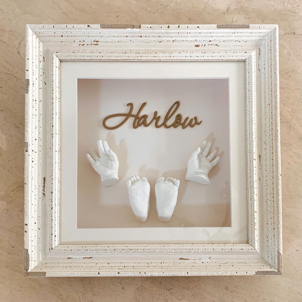 Harlow Frame - Baby hand and feet sculptures with small name.