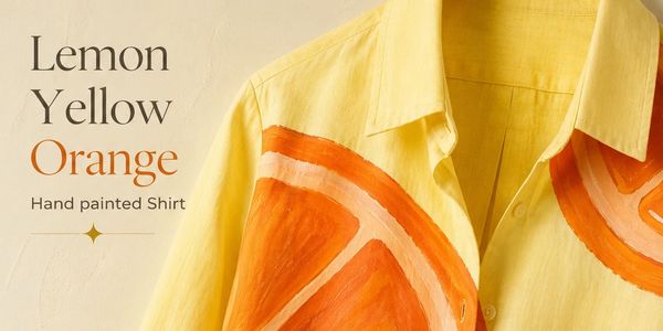Yellow shirt with hand-painted orange citrus design on the front.