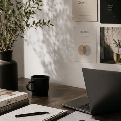 Modern workspace with branding materials, laptop, notebook, and strategic design inspiration.