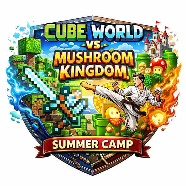 Colorful logo for Cube World vs. Mushroom Kingdom Summer Camp featuring pixelated sword and martial artist.