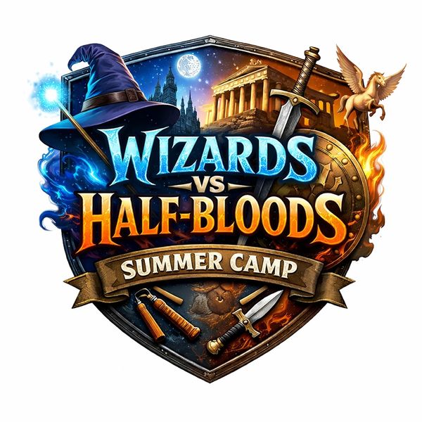 Colorful logo for Wizards vs Half-Bloods Summer Camp featuring magical and mythological elements.