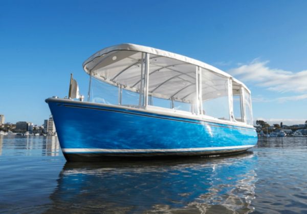 Blue boat with white canopy on calm water.