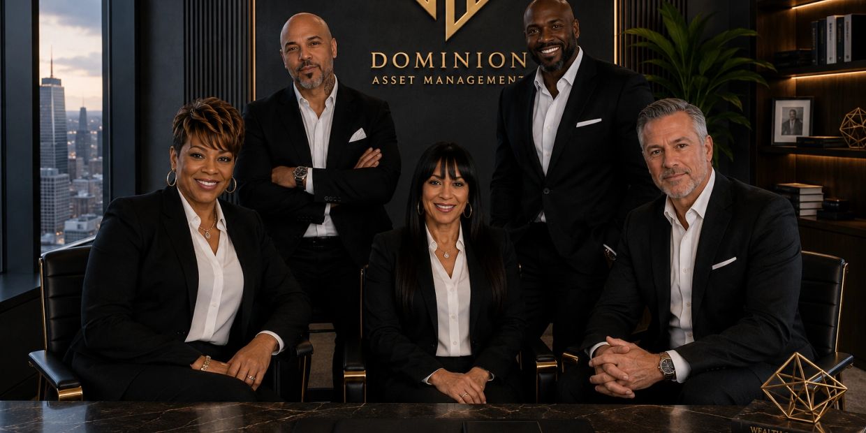 Five professionals posing in a modern office with Dominion Asset Management branding.