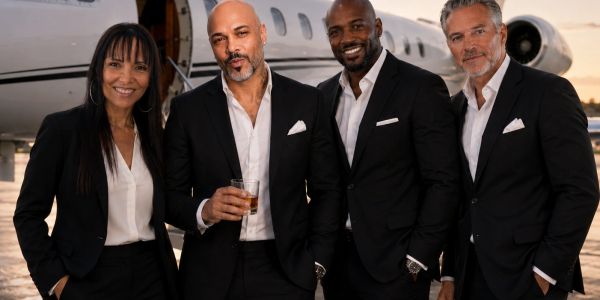 Four well-dressed people posing in front of a private jet at sunset.