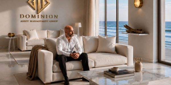 A man in a white shirt sits on a beige sofa in a luxurious room with ocean views.