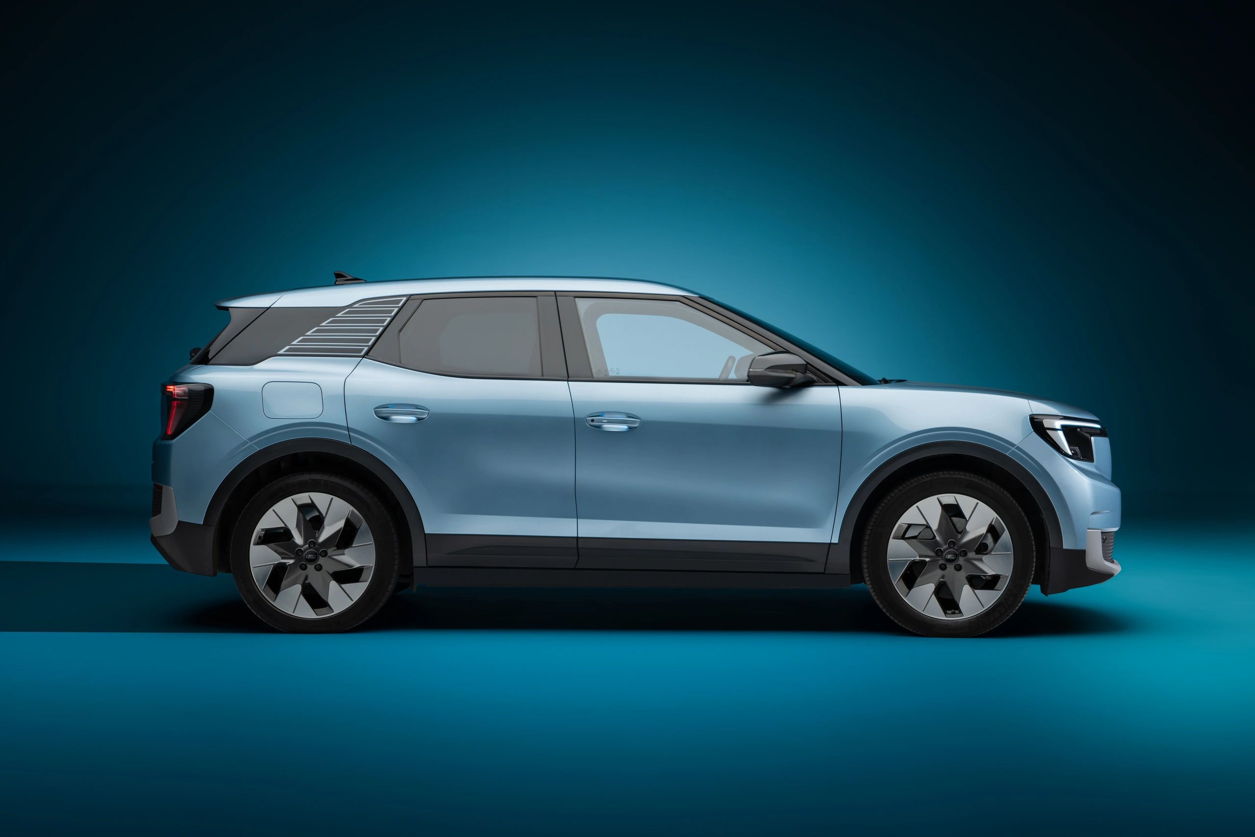 Side profile of a light blue modern SUV against a gradient blue background.