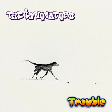 A minimalistic, monochromatic scene features a sketched dog walking right, with abstract text above.