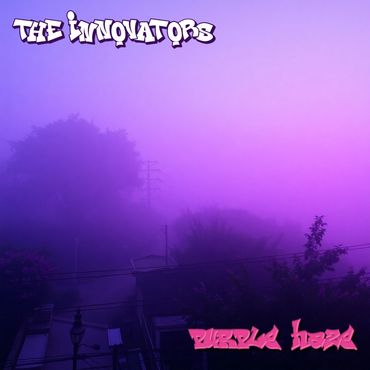 A foggy cityscape at sunrise, with purple and violet hues, trees, and a serene atmosphere.