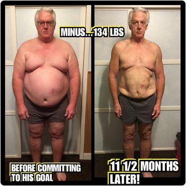 Before and after photos showing significant weight loss of 134 lbs over 11.5 months.