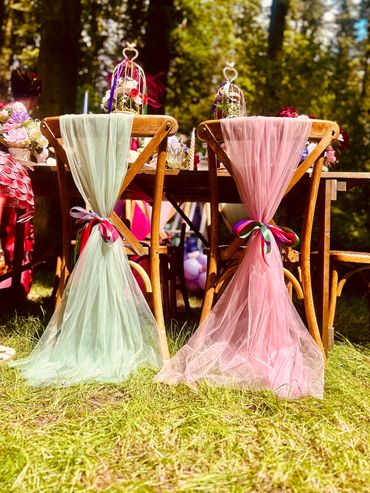 Wedding chair drapes chivari chair styling woodland wedding Kent weddingsoink chair drape sage green