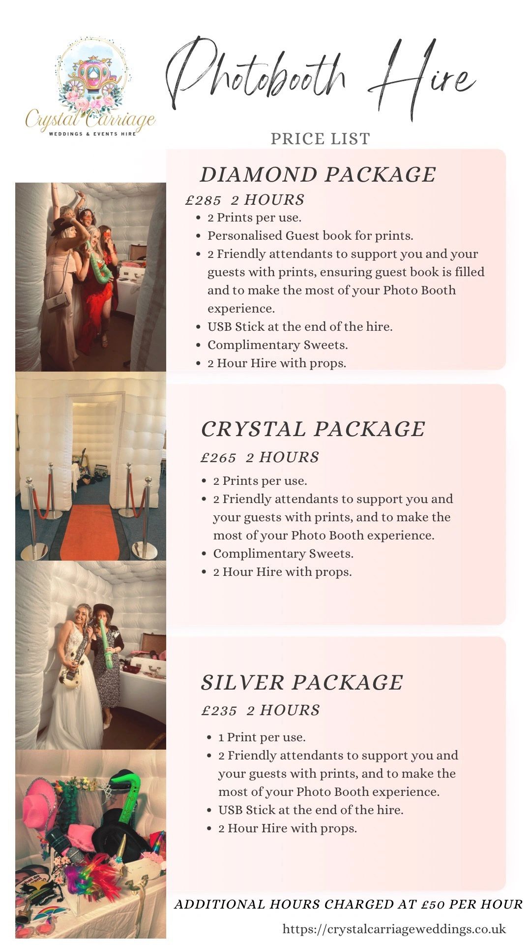 Photo Booth hire printed pictures photo packages silver package diamond crystal package price list 