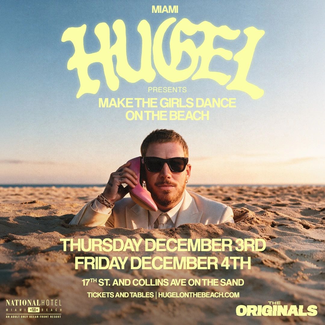 Poster acara musik di pantai Miami dengan tema "Make the Girls Dance on the Beach".
