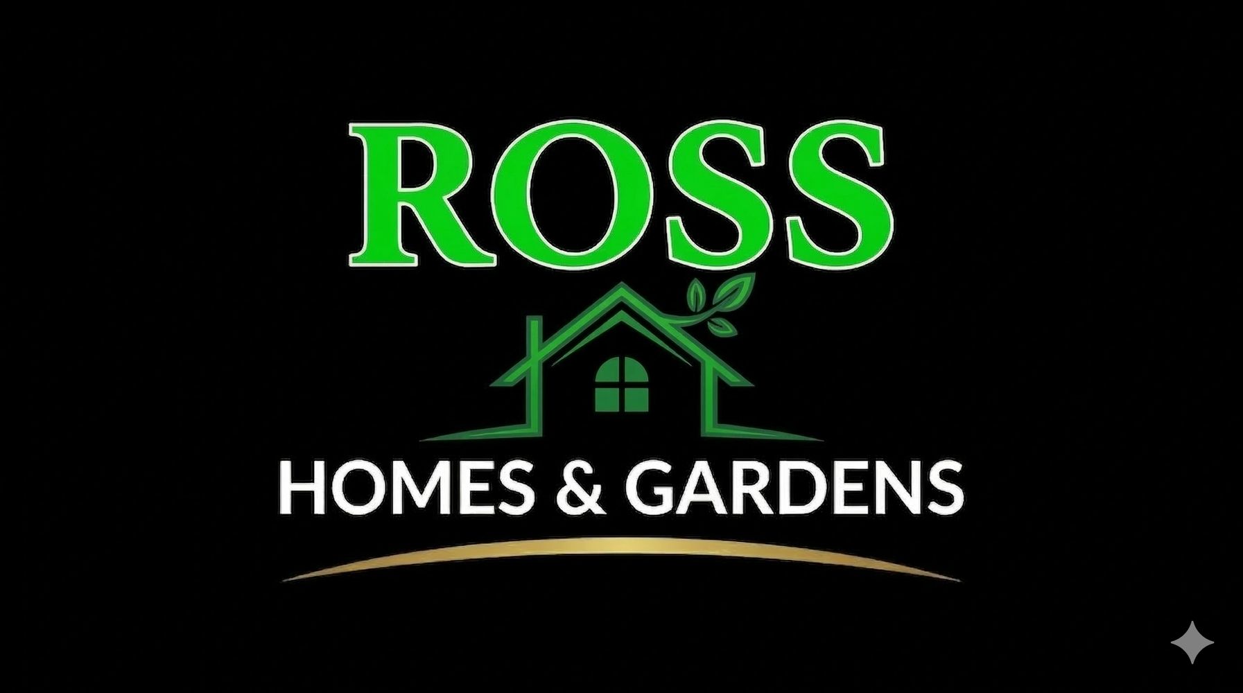 Logo for Ross Homes & Gardens with green and white text on black.