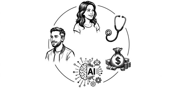 Illustration showing AI's impact on people, healthcare, and finance.