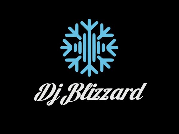 Blue snowflake logo with 'Dj Blizzard' text in white script on black background.