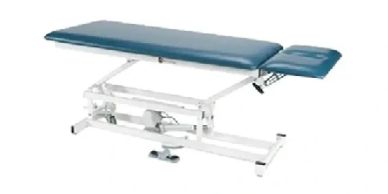 Adjustable medical examination table with cushioned surface.