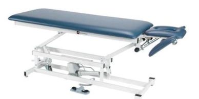 Adjustable massage or therapy table with padded surface.