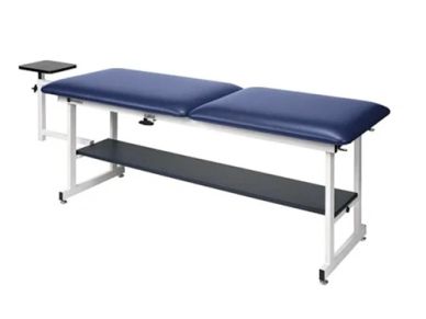 Blue therapy or massage table with adjustable sections.