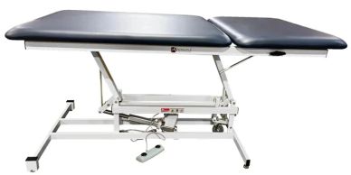 Adjustable medical examination table with padded surface.