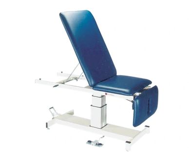 Blue medical examination table with adjustable backrest and foot pedal.