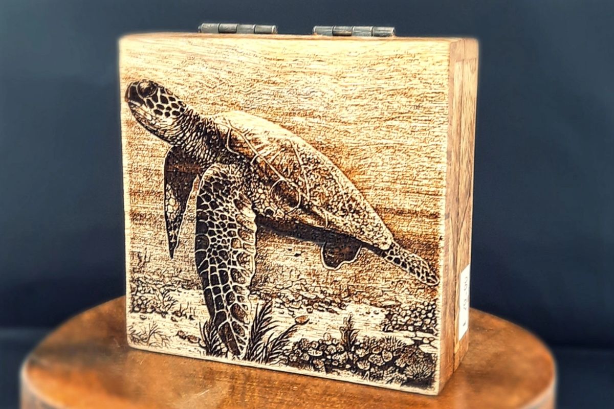 Laser Engraved Sea Turtle Box Made from Mango Wood (Available in 3 sizes)