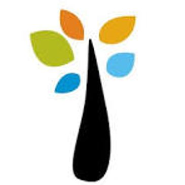 Abstract tree with colorful leaves in green, orange, yellow, and blue.