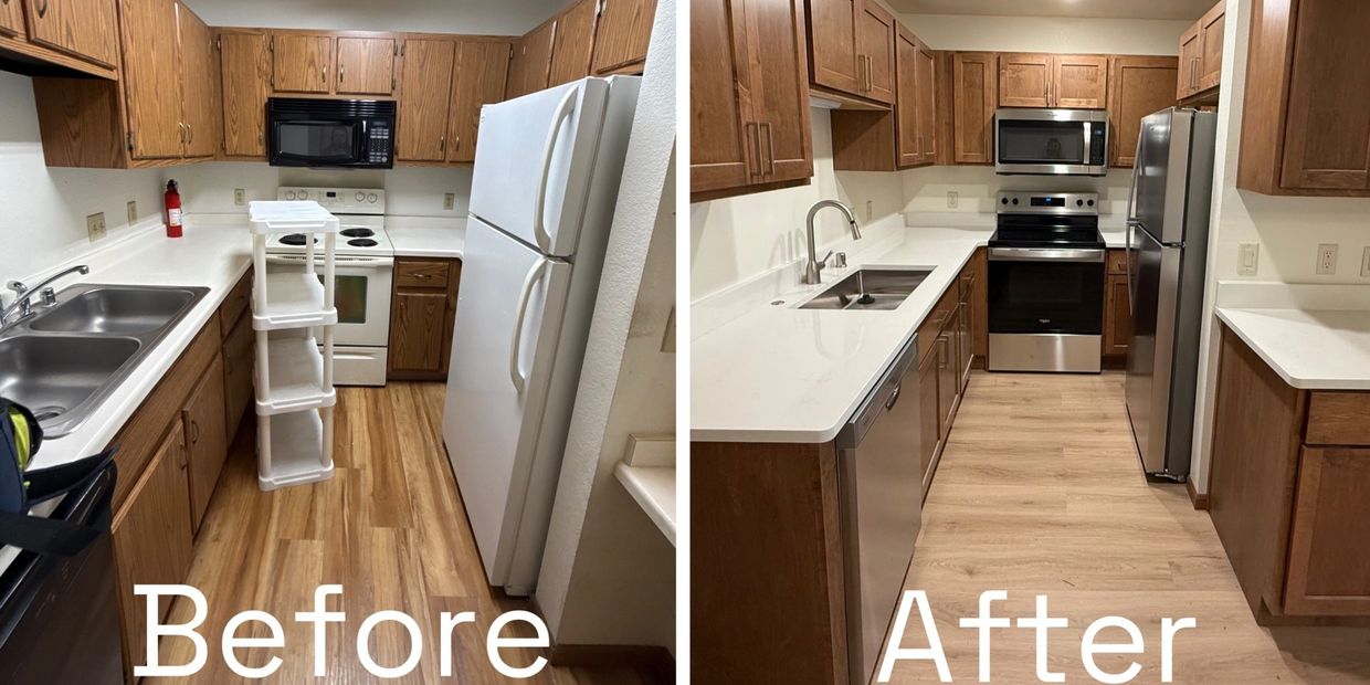 Kitchen renovation with new appliances and countertops.