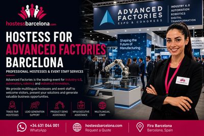 Professional hostess promoting Advanced Factories Barcelona event with a welcoming smile.
